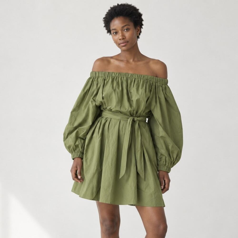 Mikoh Cleo Olive Grove Cotton Oversized Off-Shoulder Mini Dress, size 3/US10